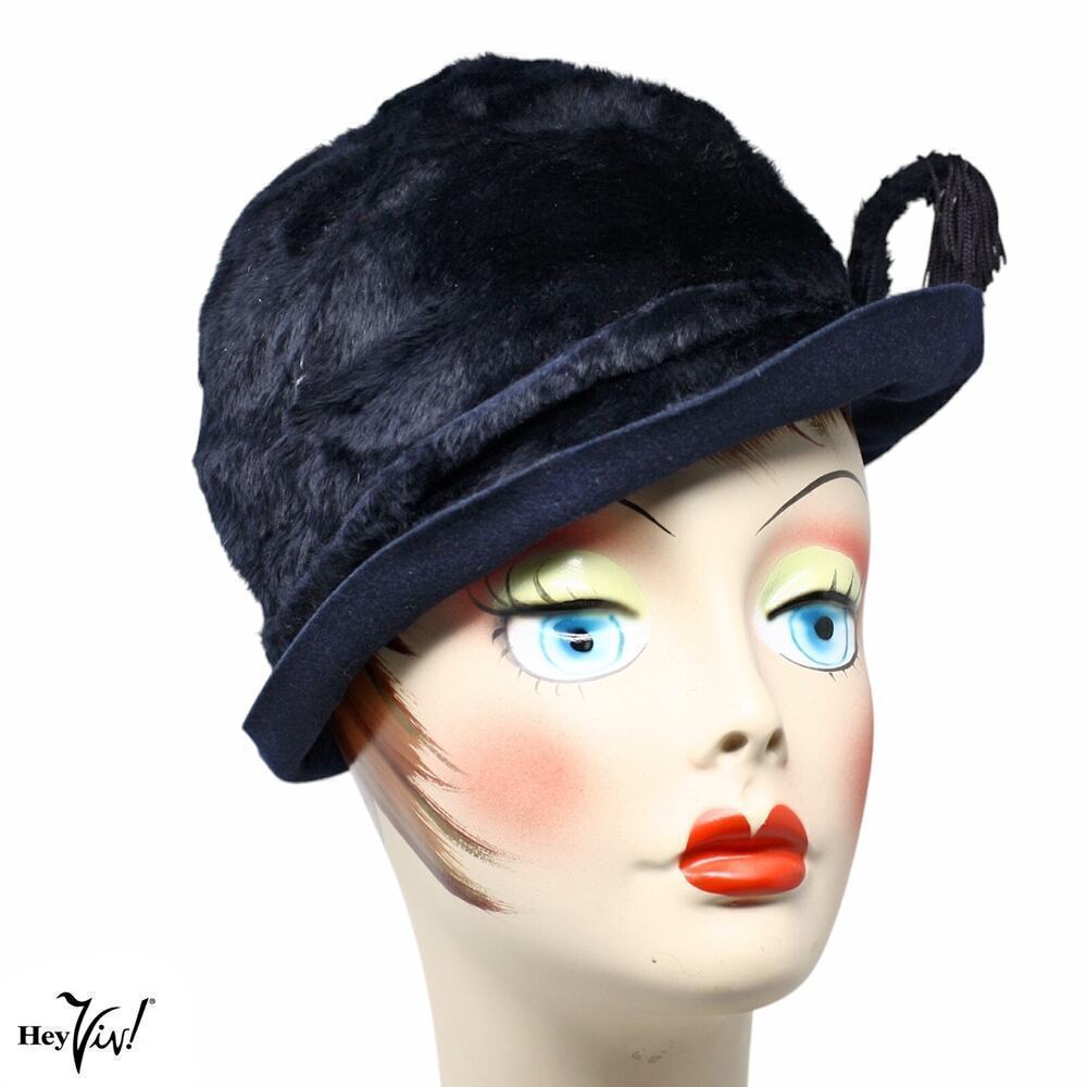 Vintage Blue Black Faux Fur Hat w Side Tassel Original by Dajon Costume- Hey Viv